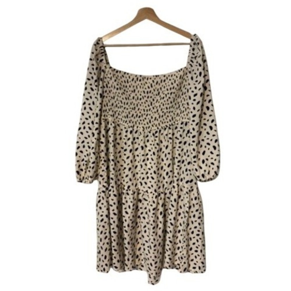 Mini Dress Women 2XL Dalmatian Spotted Smocked Tiered Plus Square‎ Neck Babydoll